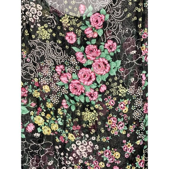 PINK ROSE Womens Sheer Boho Floral Top Large Black Multi Chiffon Slouch Pockets - Picture 9 of 16